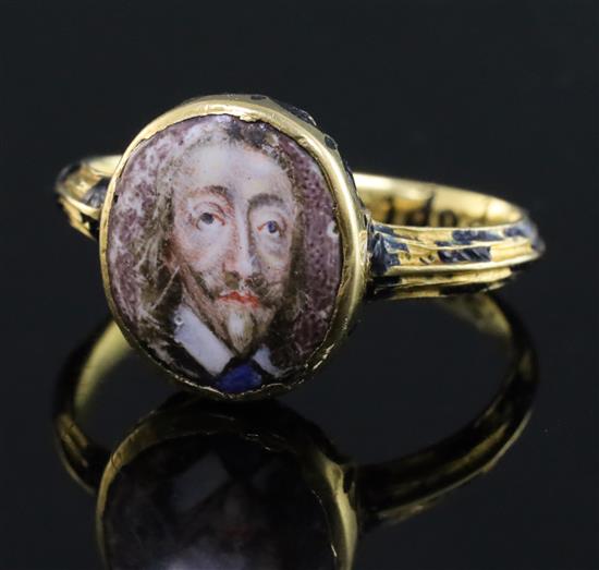 A rare mid 17th century enamelled gold oval memorial ring for Charles I (1600-1649), finger size K.